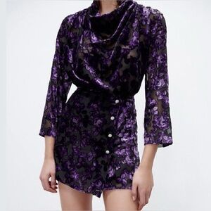 Zara sz M Purple Velvet Women's Mini dress euc sheer upper
